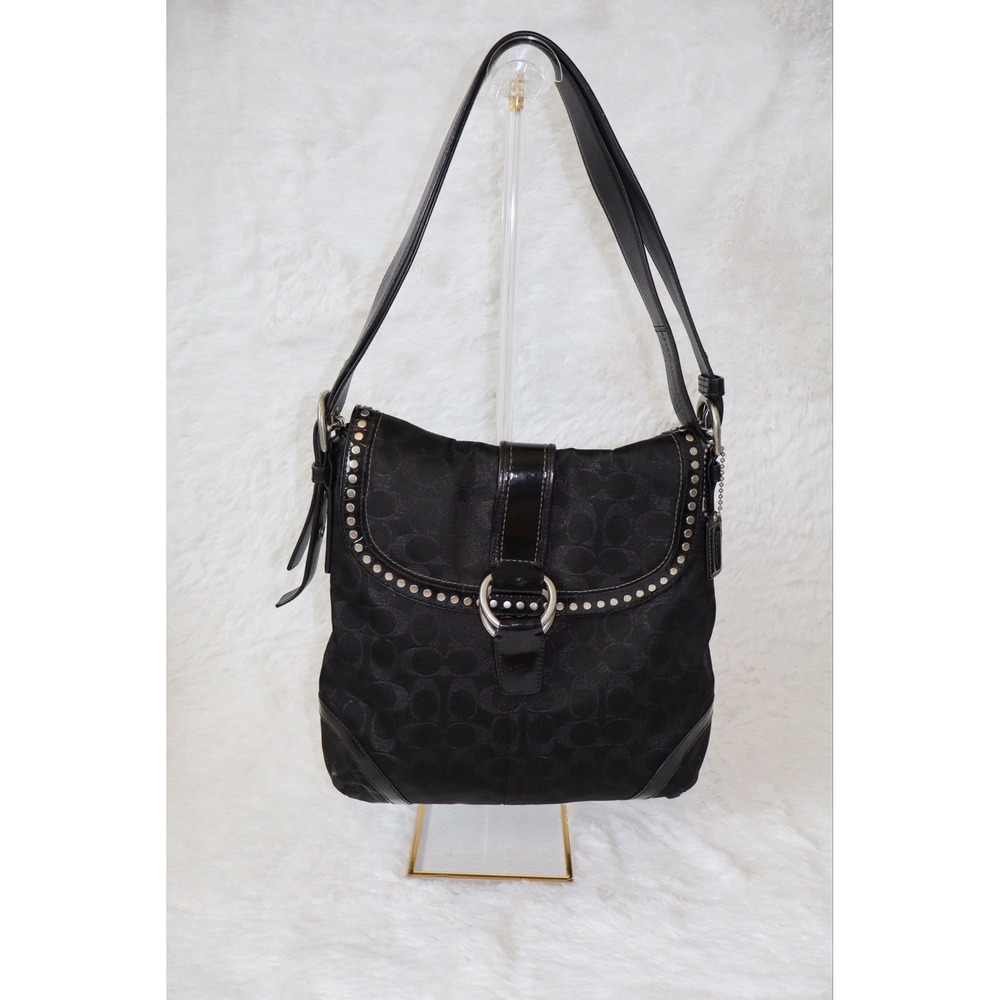 Coach F12852 Metallic Signature C Studded Flap Saddle Bag Y2K Vintage Black
